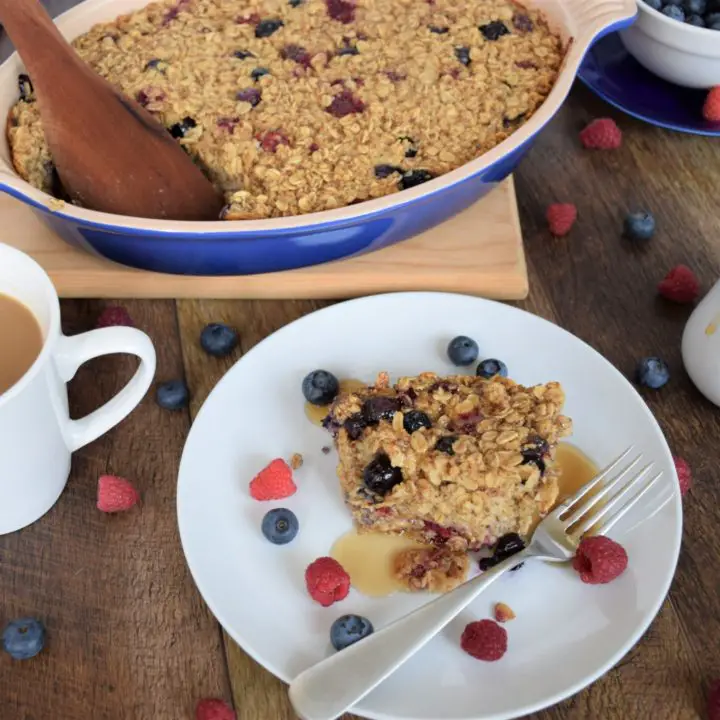 Berry Baked oatmeal and breakfast set up.