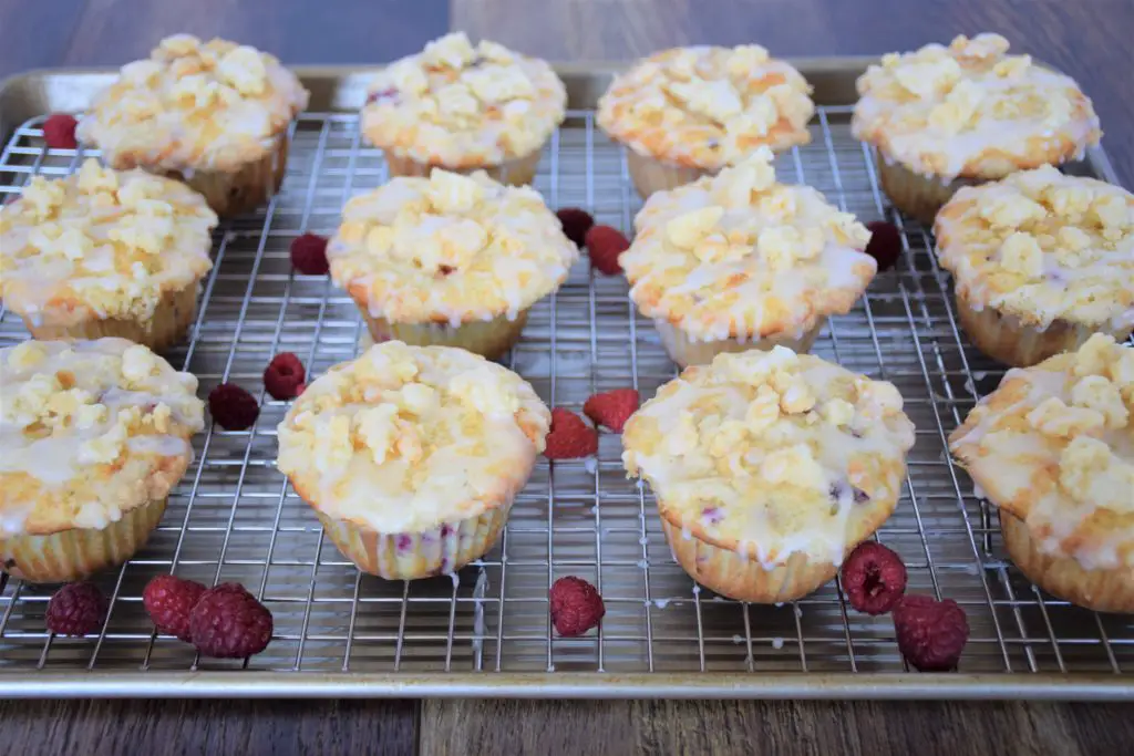Raspberry muffins lined up