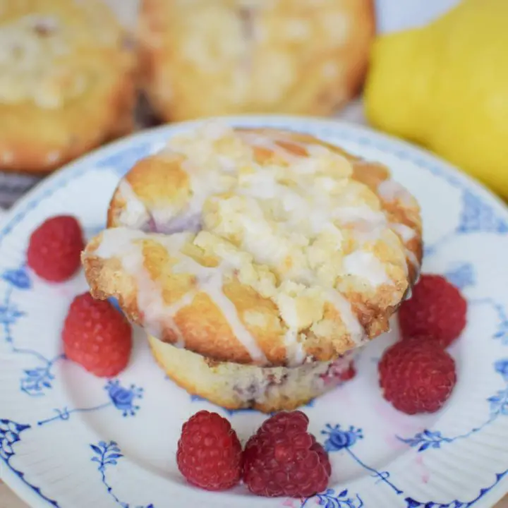 raspberry muffin with crumb topping sitting on a white and blue plate - lemon next to plate - this bread will rise