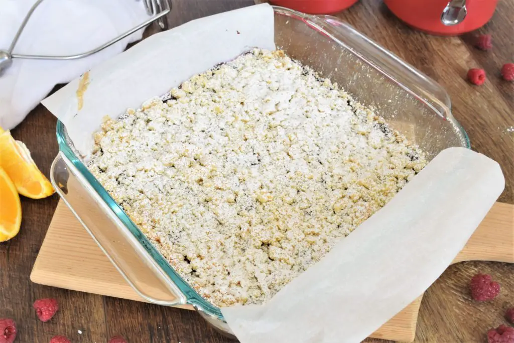 Whole pan of raspberry orange shortbread bars - this bread will rise