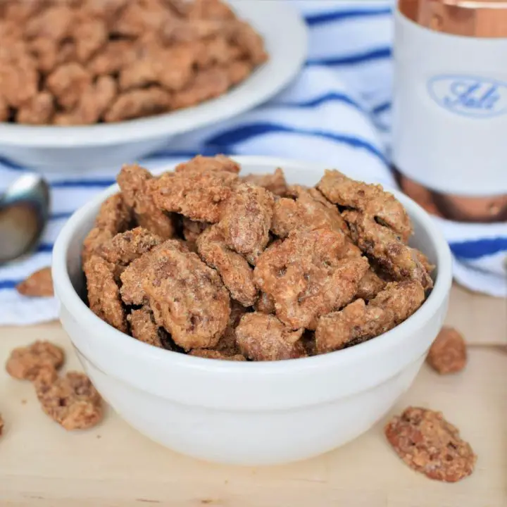 Served bowl of candied nuts with tools laying around