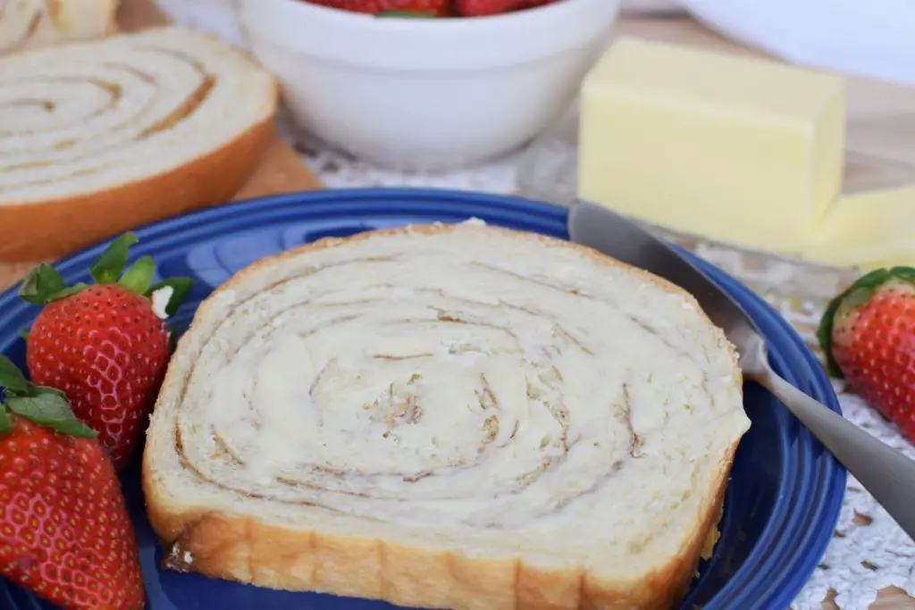 Buttered slice of cinnamon swirl bread - this bread will rise