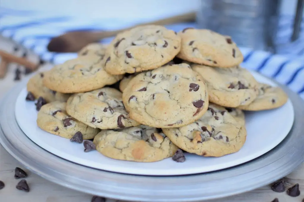 Large plate of cinnamon chocolate chip cookies