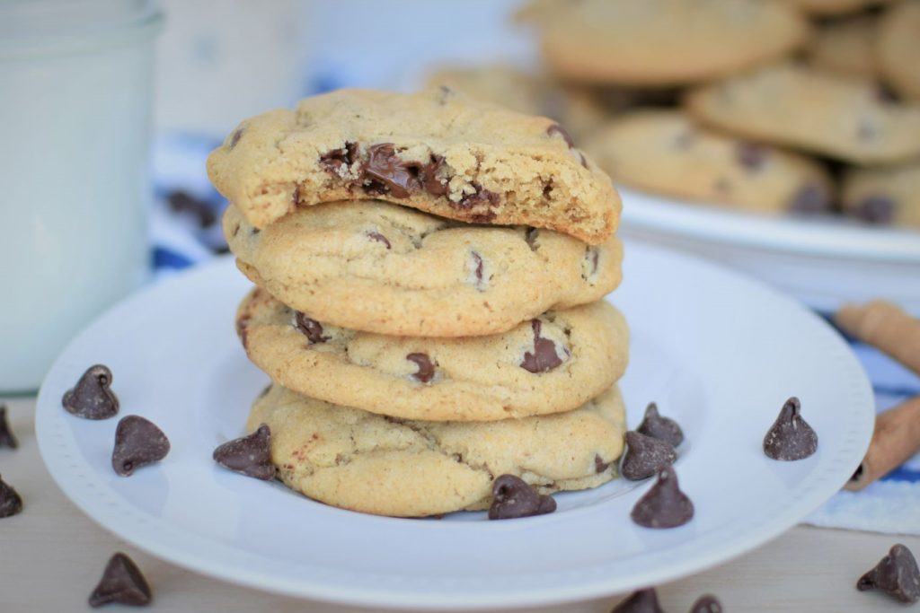 Stack of cinnamon chocolate chip cookies with top cookie partway eaten - this bread will rise