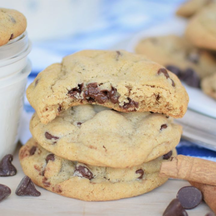 Stack of cinnamon chocolate chip cookies and milk - this bread will rise