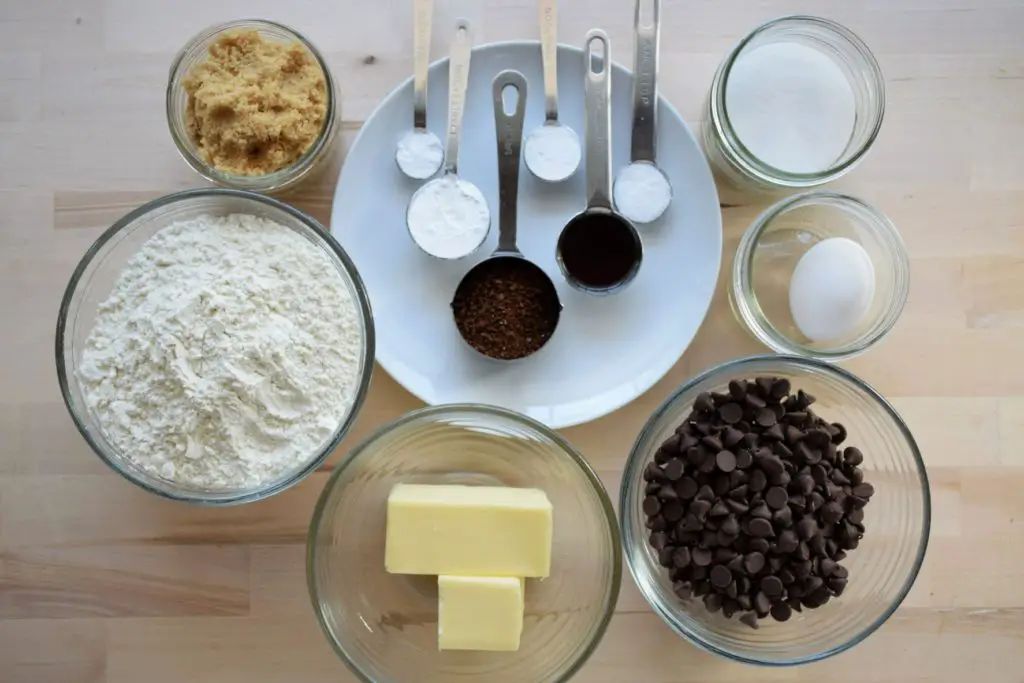 Ingredients laid out for cinnamon chocolate chip cookies