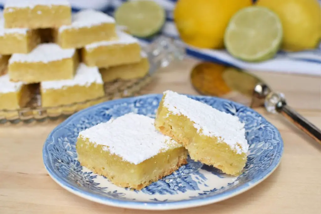 Two lemon lime bars on a blue willow plate - this bread will rise