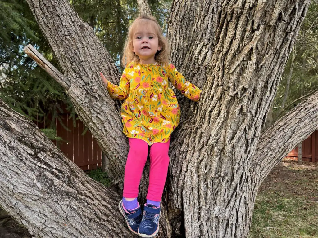 Toddler standing in a tree in a yellow dress - this bread will rise