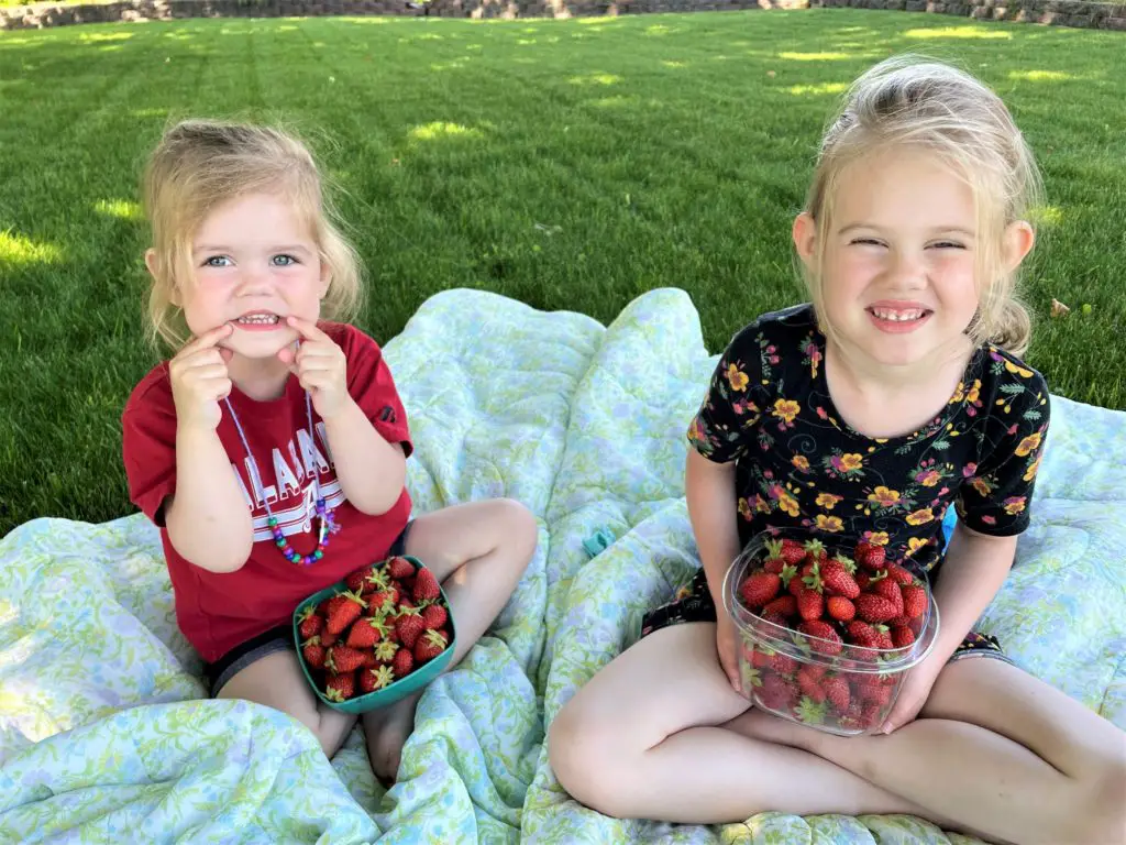 Two girls sitting on a blanket outside