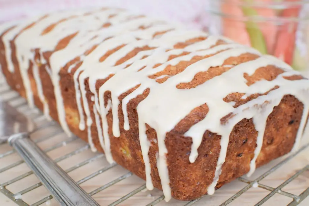 Full loaf of drizzled rhubarb bread - this bread will rise