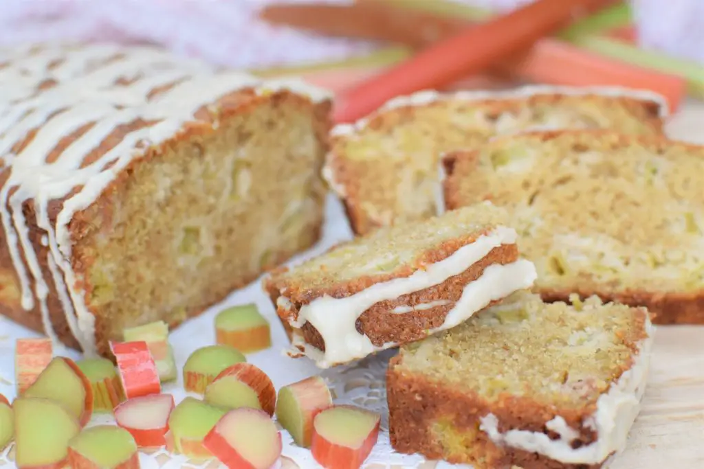 Rhubarb bread drizzled and sliced, this bread will rise