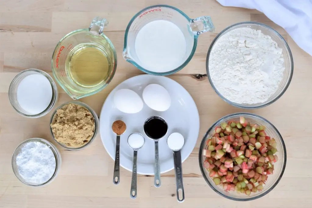 Rhubarb bread ingredients laid out