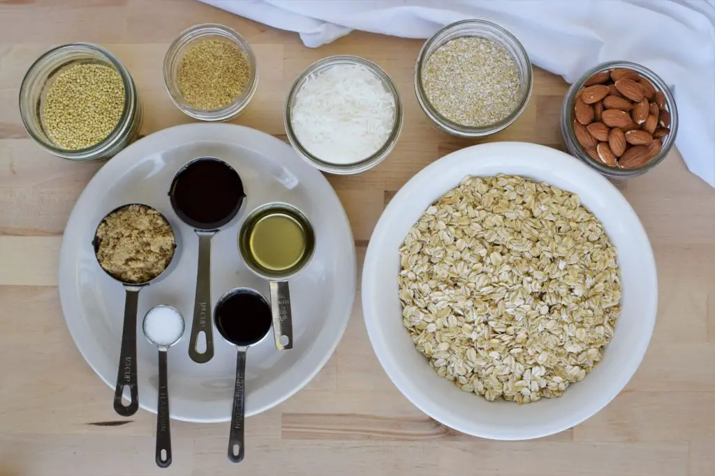 Ingredients for coconut almond granola laid out in bowls. This bread will rise
