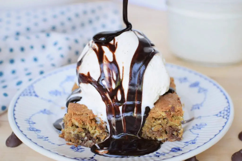 Oatmeal chocolate chip bar with ice cream and chocolate syrup - this bread will rise