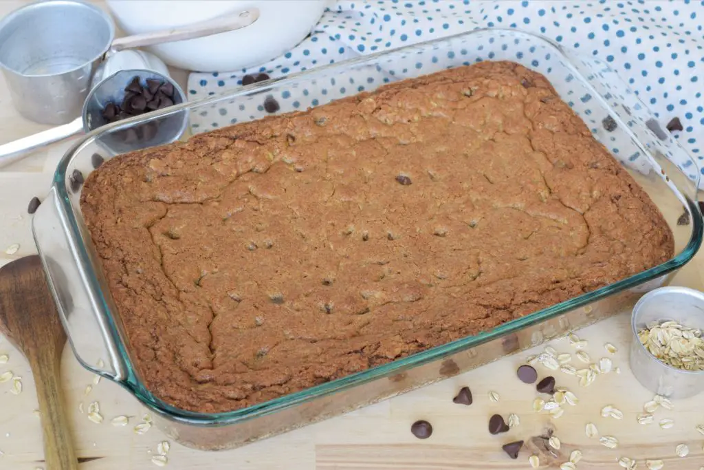 Pan of oatmeal chocolate chip cookie bars -this bread will rise