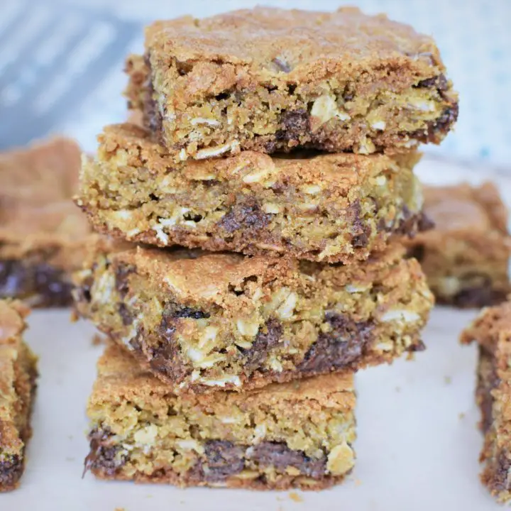 Stack of Oatmeal Chocolate chip cookie bars - this bread will rise