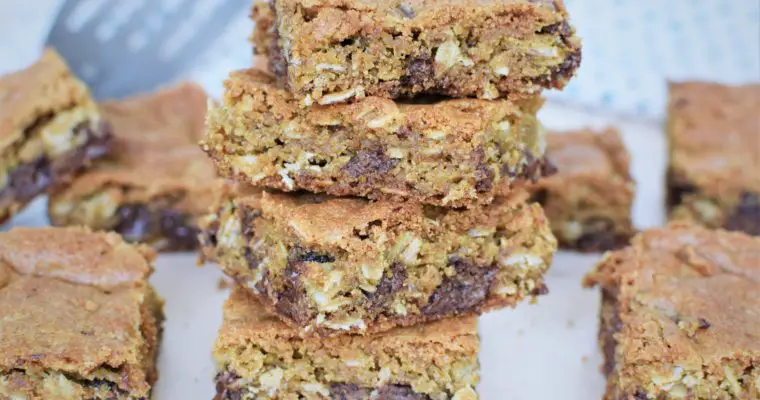 Stack of Oatmeal Chocolate chip cookie bars - this bread will rise