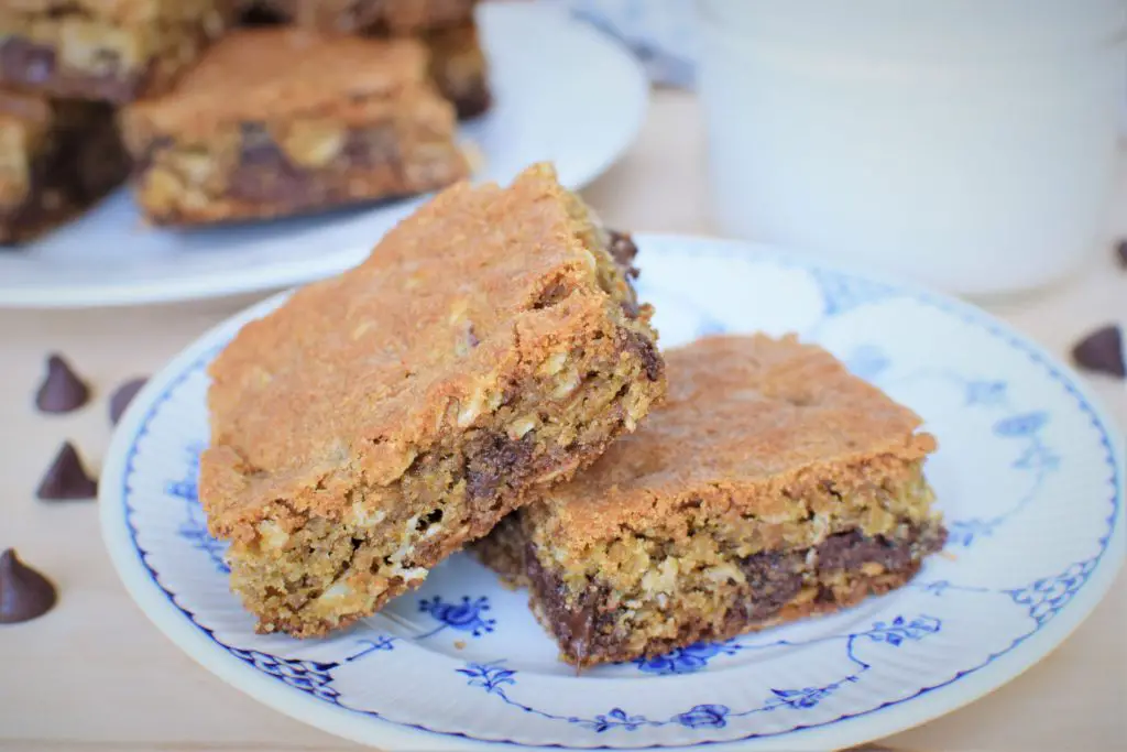 Oatmeal Chocolate Chip Bars cut and served on a plate - this bread will rise