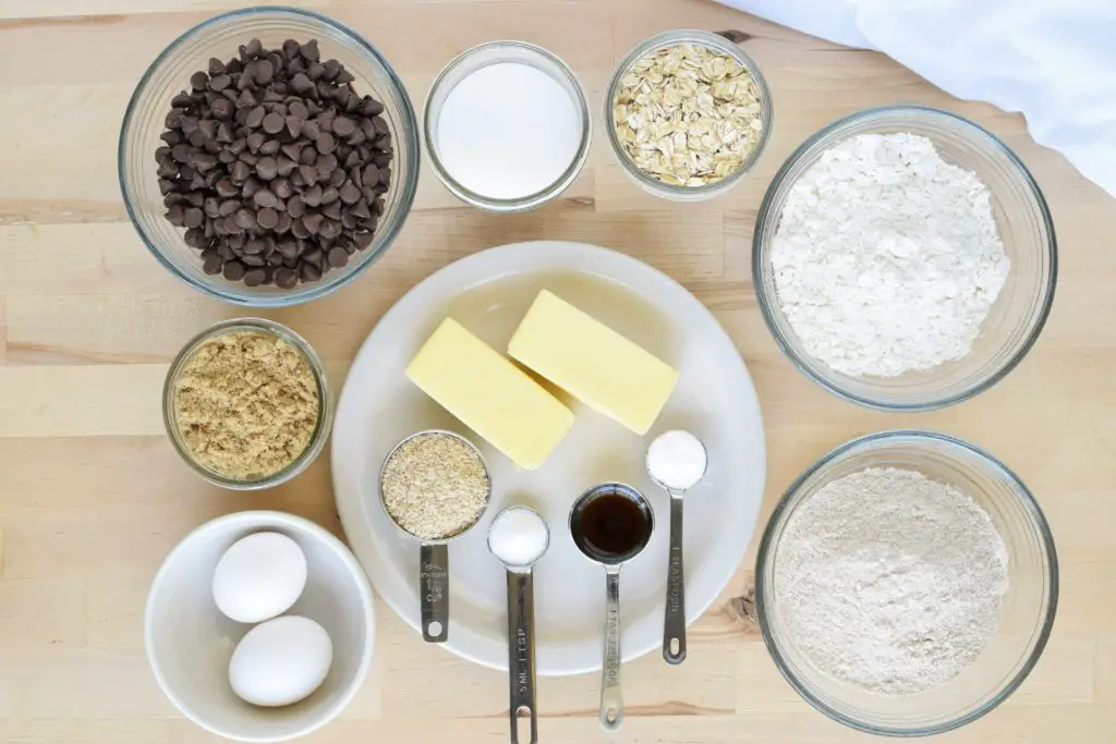 Ingredients laid out for oatmeal chocolate chip bars - this bread will rise