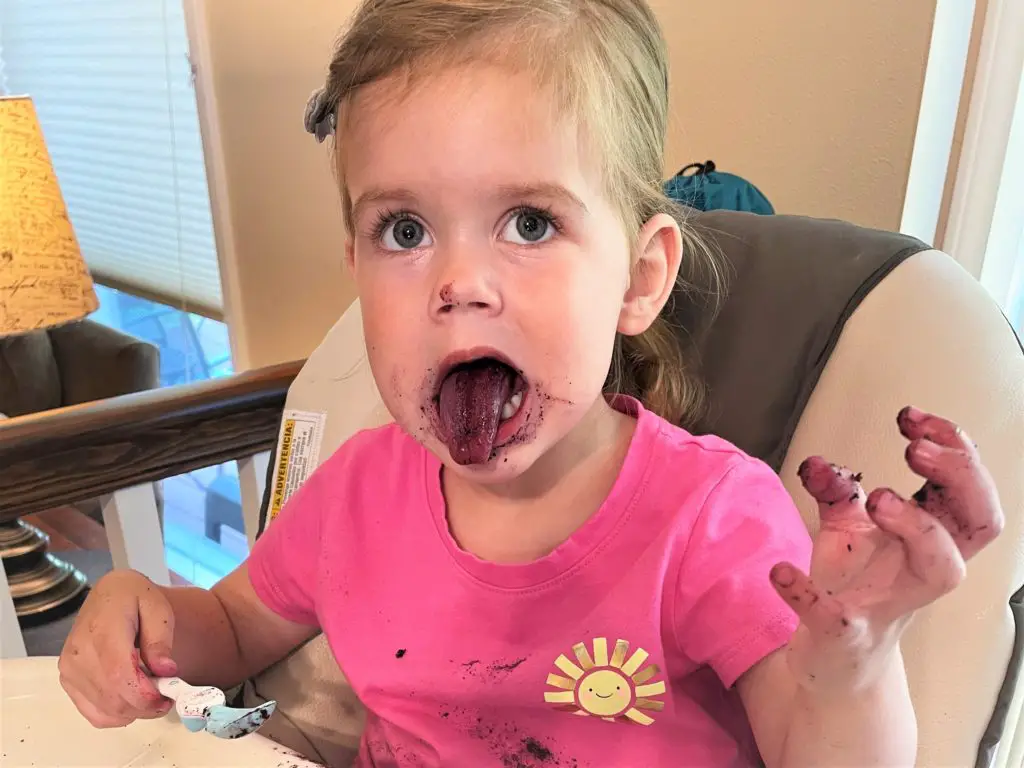 Young girl sticking out her purple tongue with blueberry all over her fingers - this bread will rise