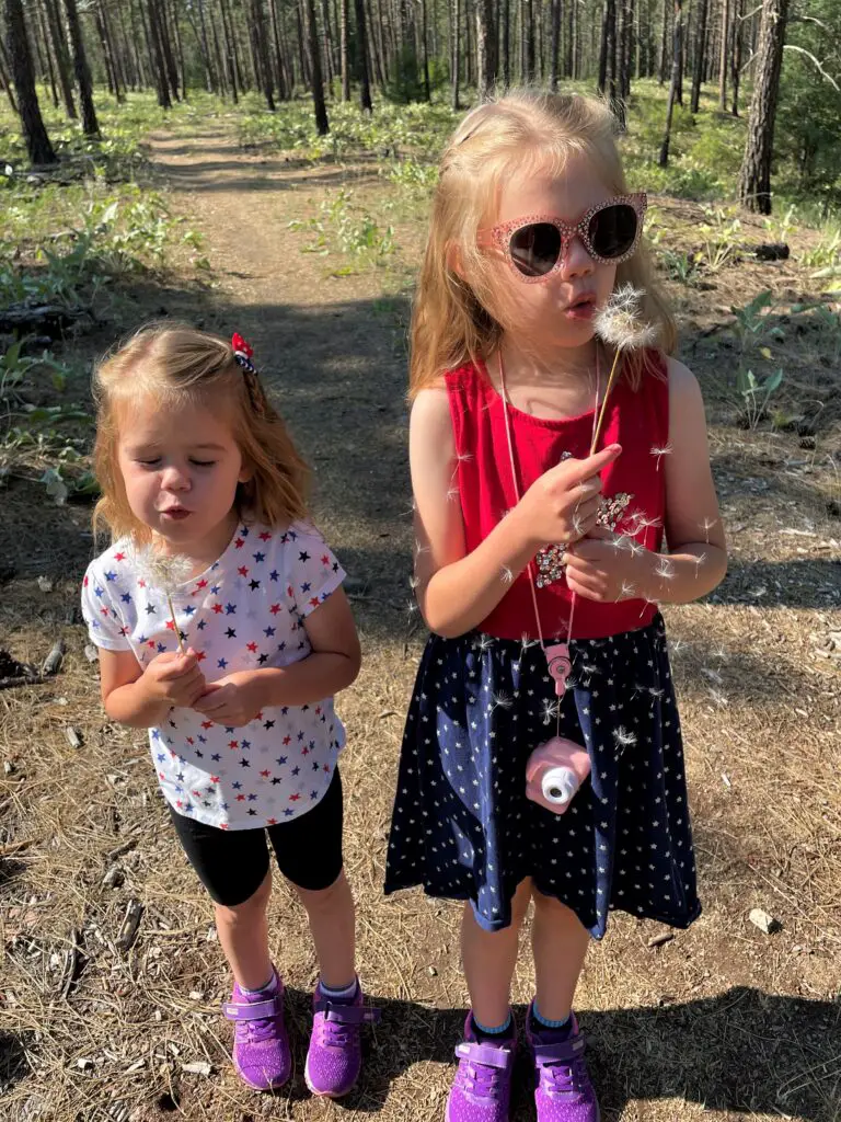 Girls blowing flower seeds in fourth of July clothes.